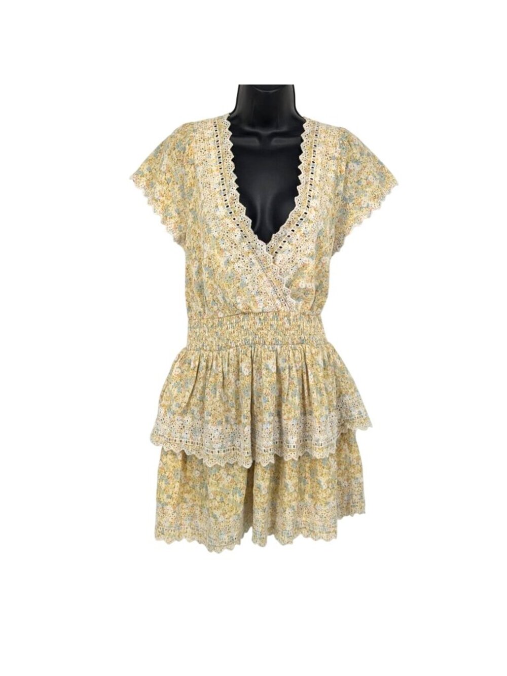 Floral Lace Eyelet Mini Dress Cottage Prairie Dainty Lolita Smocked Waist Medium